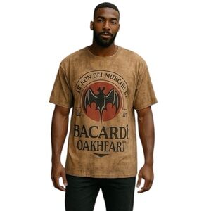 🤑 5/$25 SHEIN Bacardi Oakheart Beige Graphic Bat Short Sleeve Crew Neck Tee
